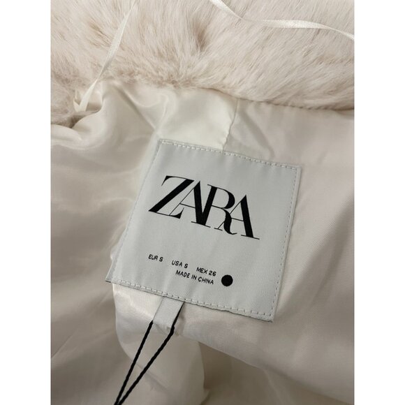 Zara Womens Faux Fur Jacket Coat Small S Ecru Ivory Beige Collared 4360/246 NWT - Picture 4 of 14